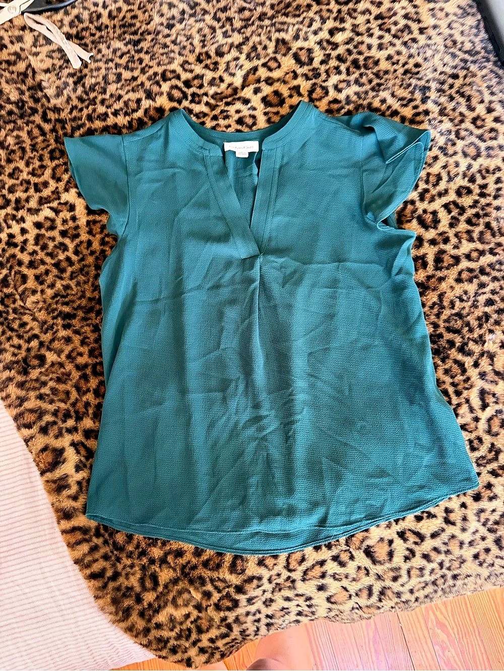 Calvin Klein Flutter Sleeve Split Neck Crepe Blouse Emerald Green